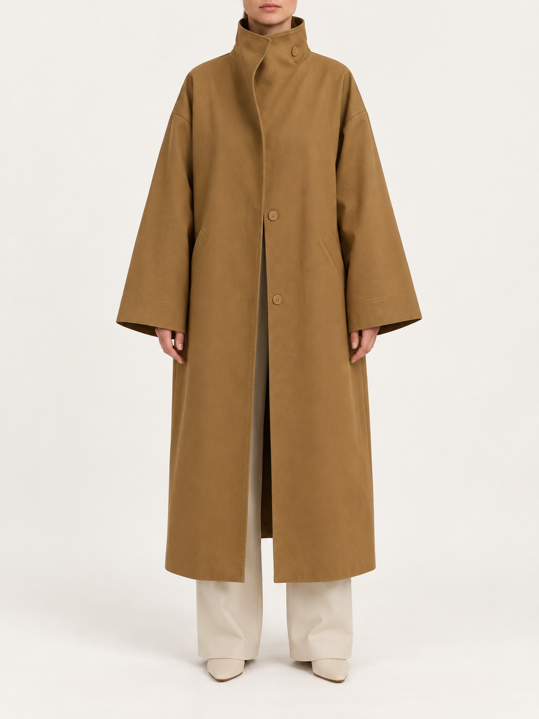 Brown long stand-collar coat, front view on model