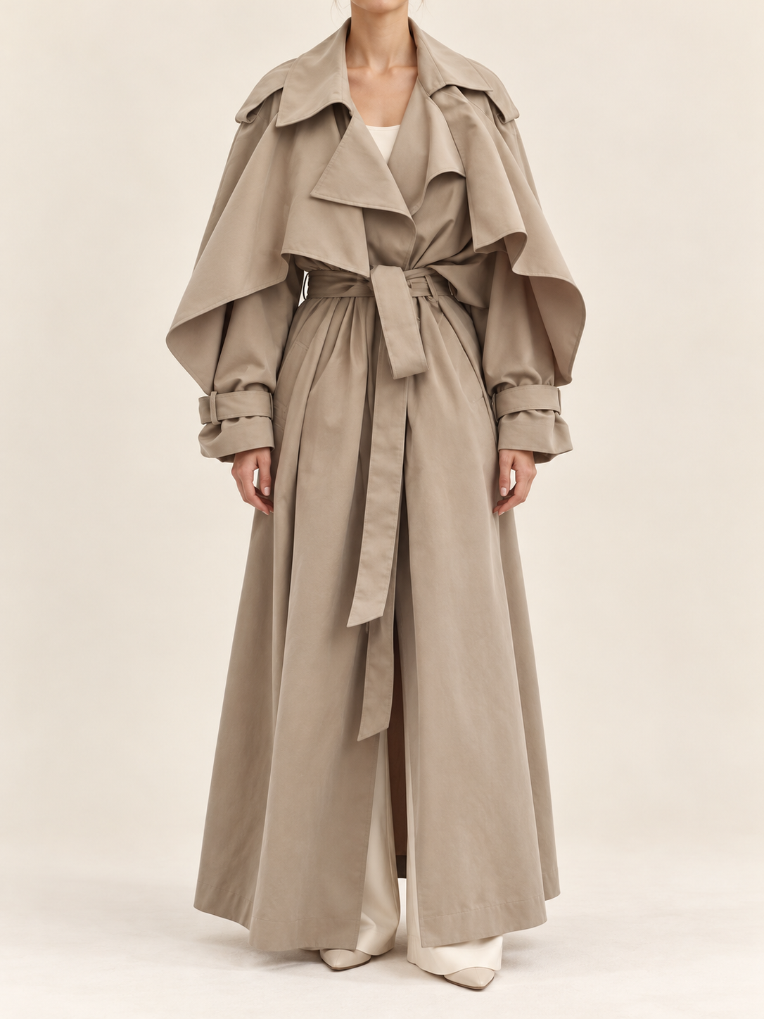 Khaki – Long belted jacket, front view on model
