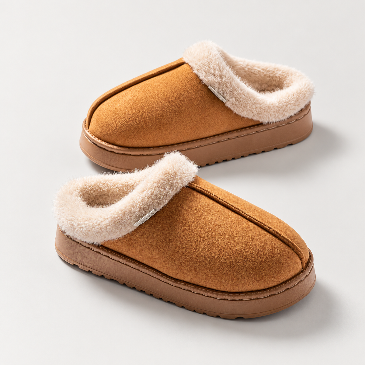 tan faux-suede platform slippers with cream fleece collar, front view