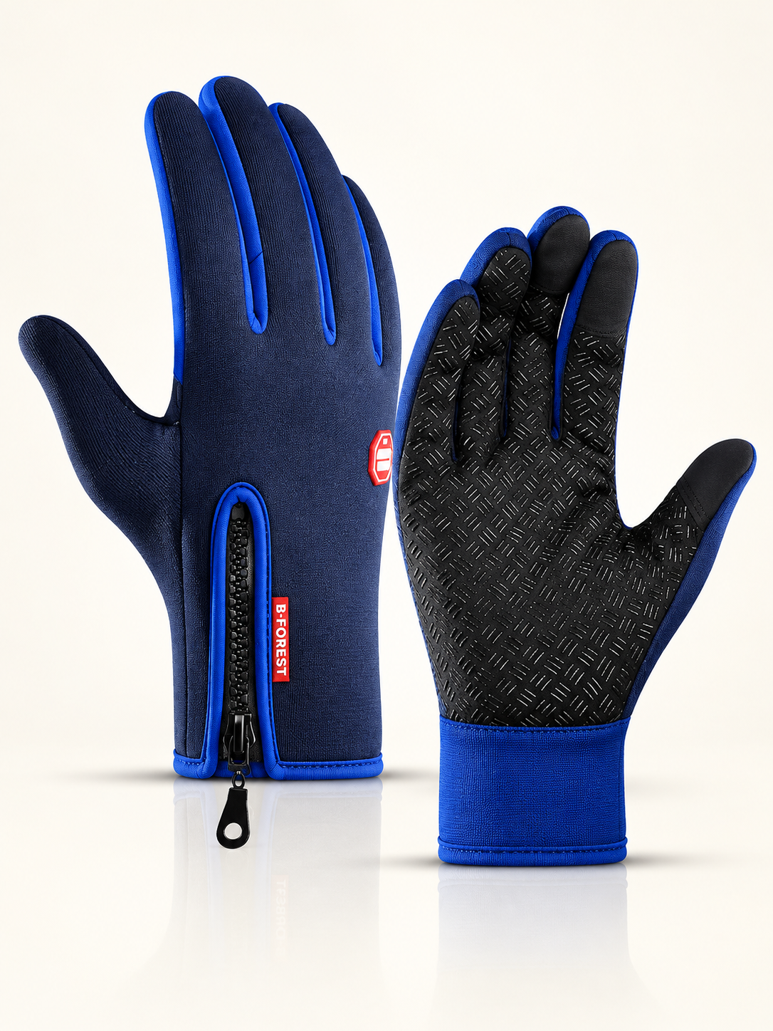Dark blue thermal gloves, back-of-hand and palm views, front view