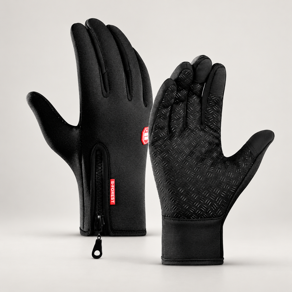 black zip-cuff thermal gloves with textured palms, front view