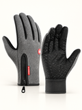 Gray thermal gloves, back-of-hand and palm views, front view