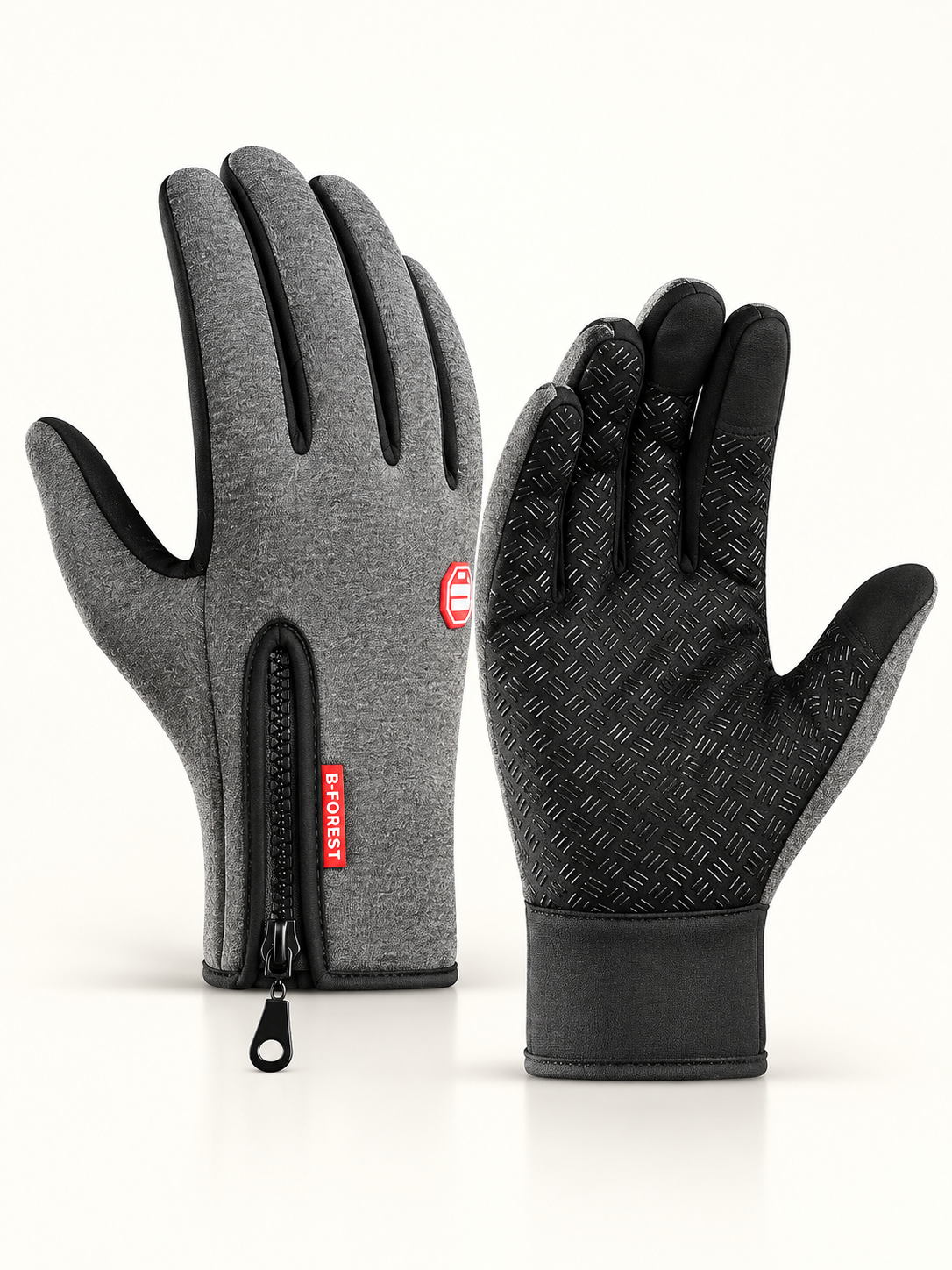 Gray thermal gloves, back-of-hand and palm views, front view