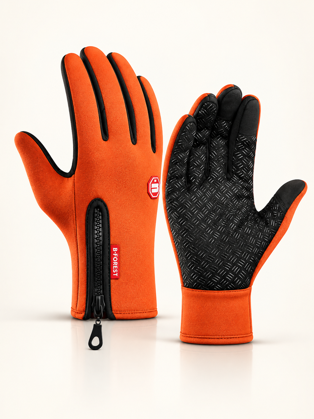 Orange thermal gloves, back-of-hand and palm views, front view