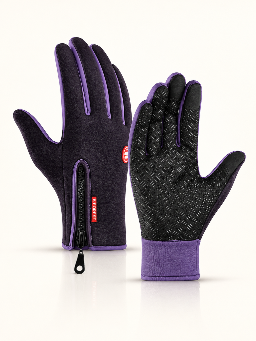 Purple thermal gloves, back-of-hand and palm views, front view