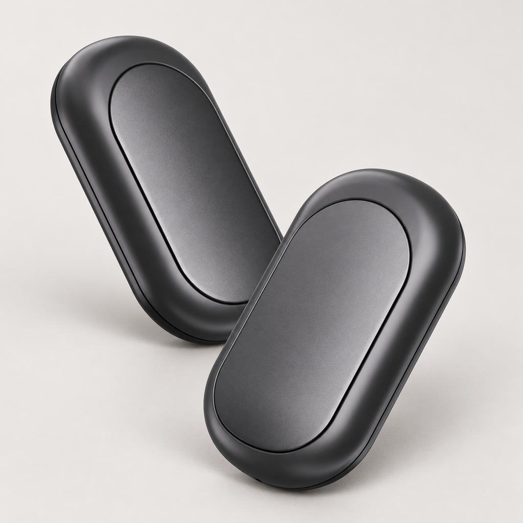 pair of black oval magnetic hand warmers, front view
