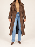 Coffee brown long coat, front view on model