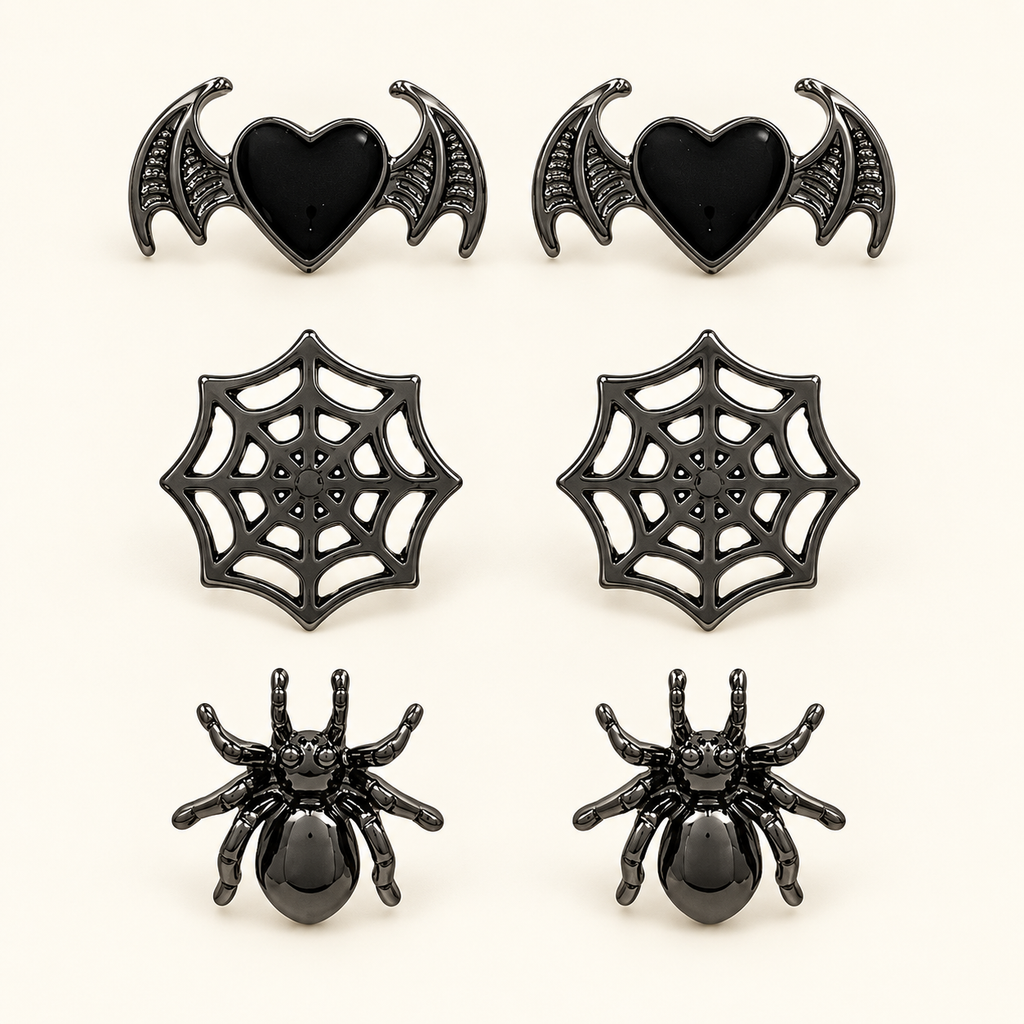 AI-styled studio photograph of the exact Halloween Earrings — 3-Pair Spider, Web & Bat Set; front view.