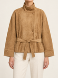 Camel tie-waist jacket with stand collar, front view on model