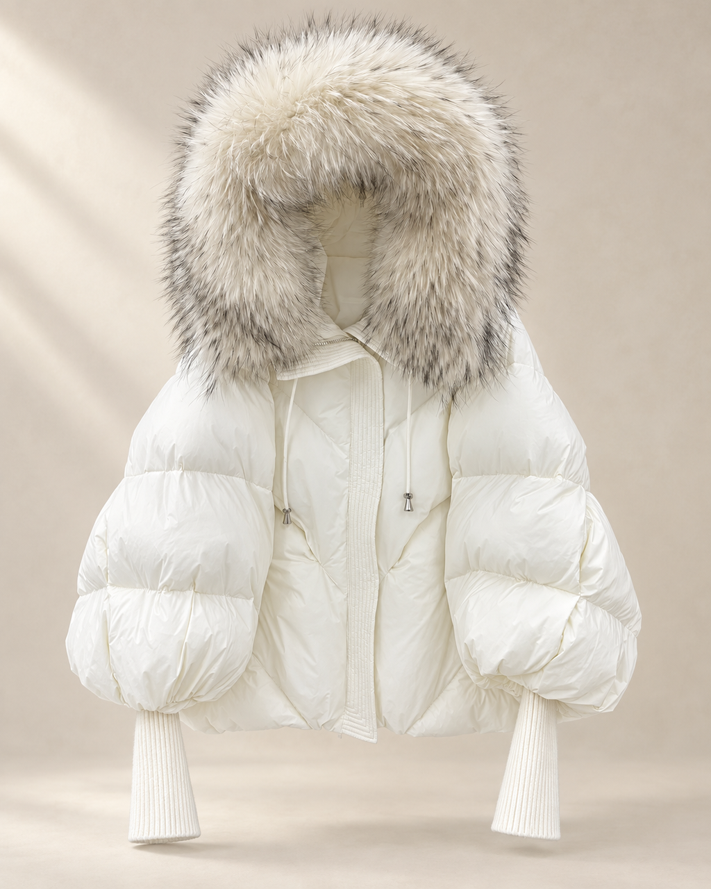 white hooded puffer, front view with the reference fur trim, quilted body and knit cuffs.