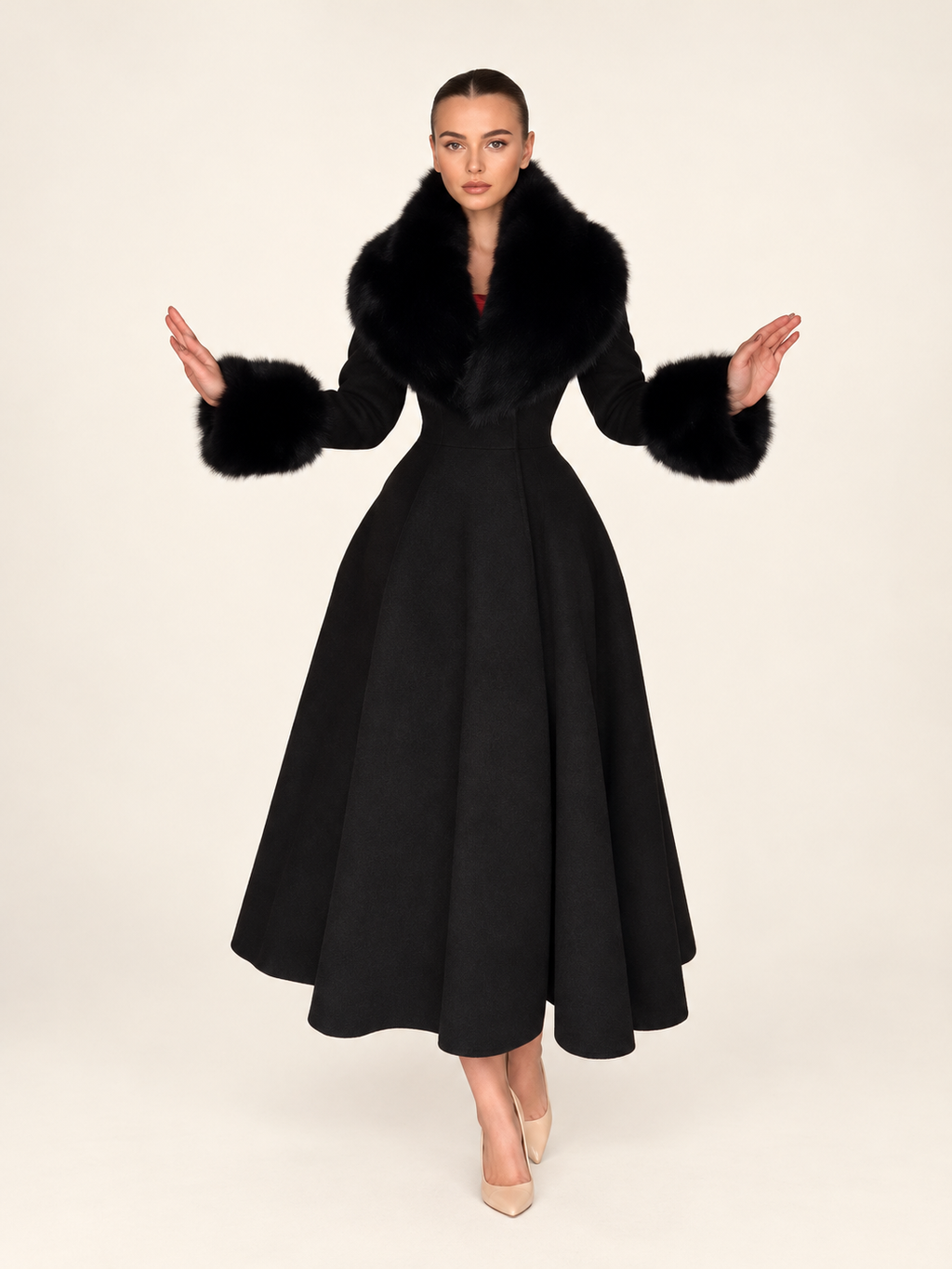 Black A-line coat with faux-fur collar and cuffs, front view