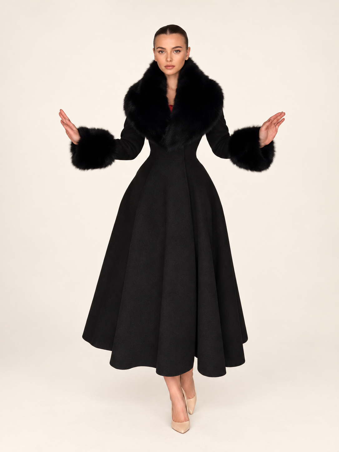 Black A-line coat with faux-fur collar and cuffs, front view