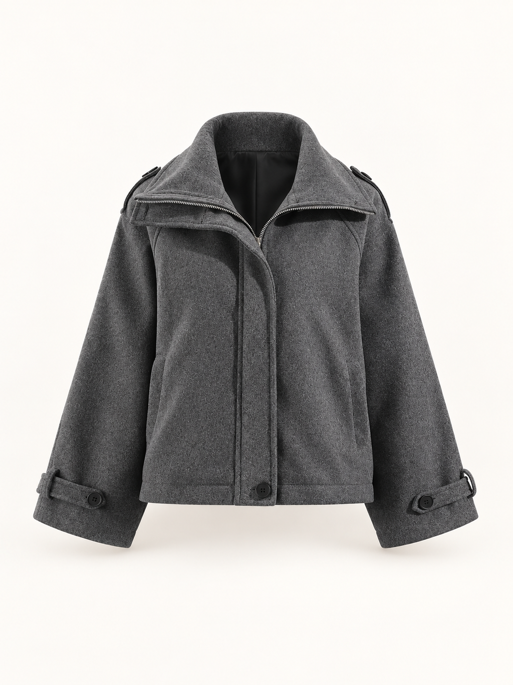 Charcoal stand-collar boxy jacket, front view