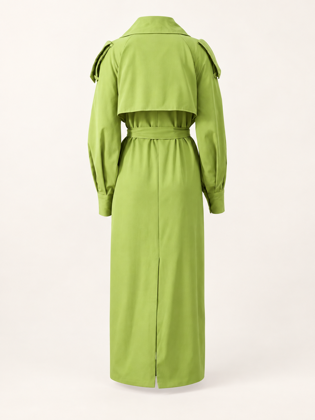 Green cape-collar trench, back view