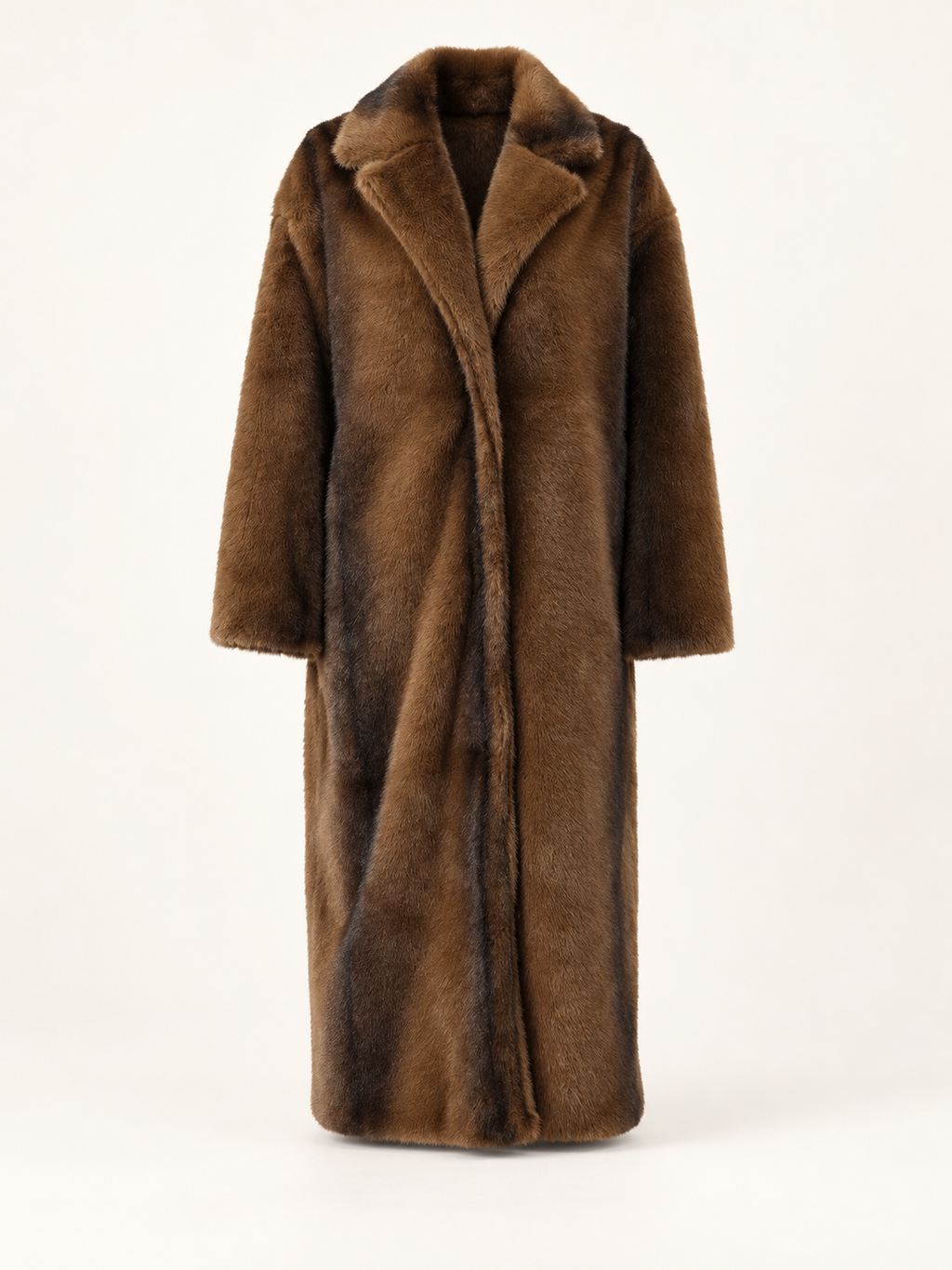 Brown long faux-fur lapel coat, front view