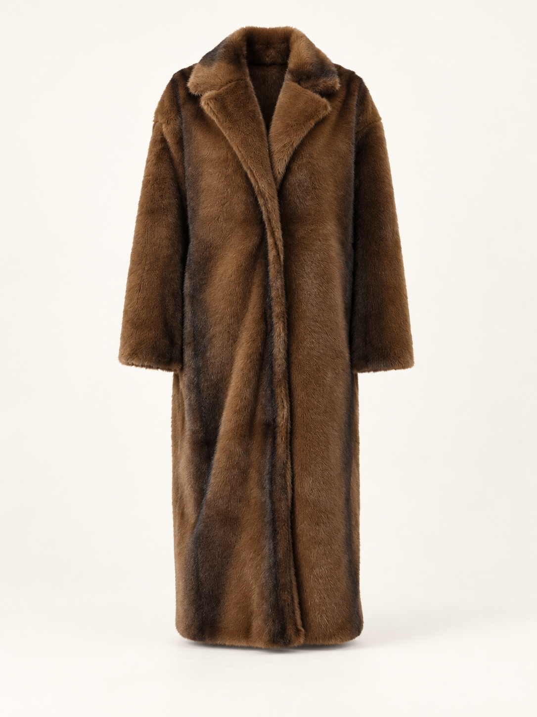 Brown long faux-fur lapel coat, front view