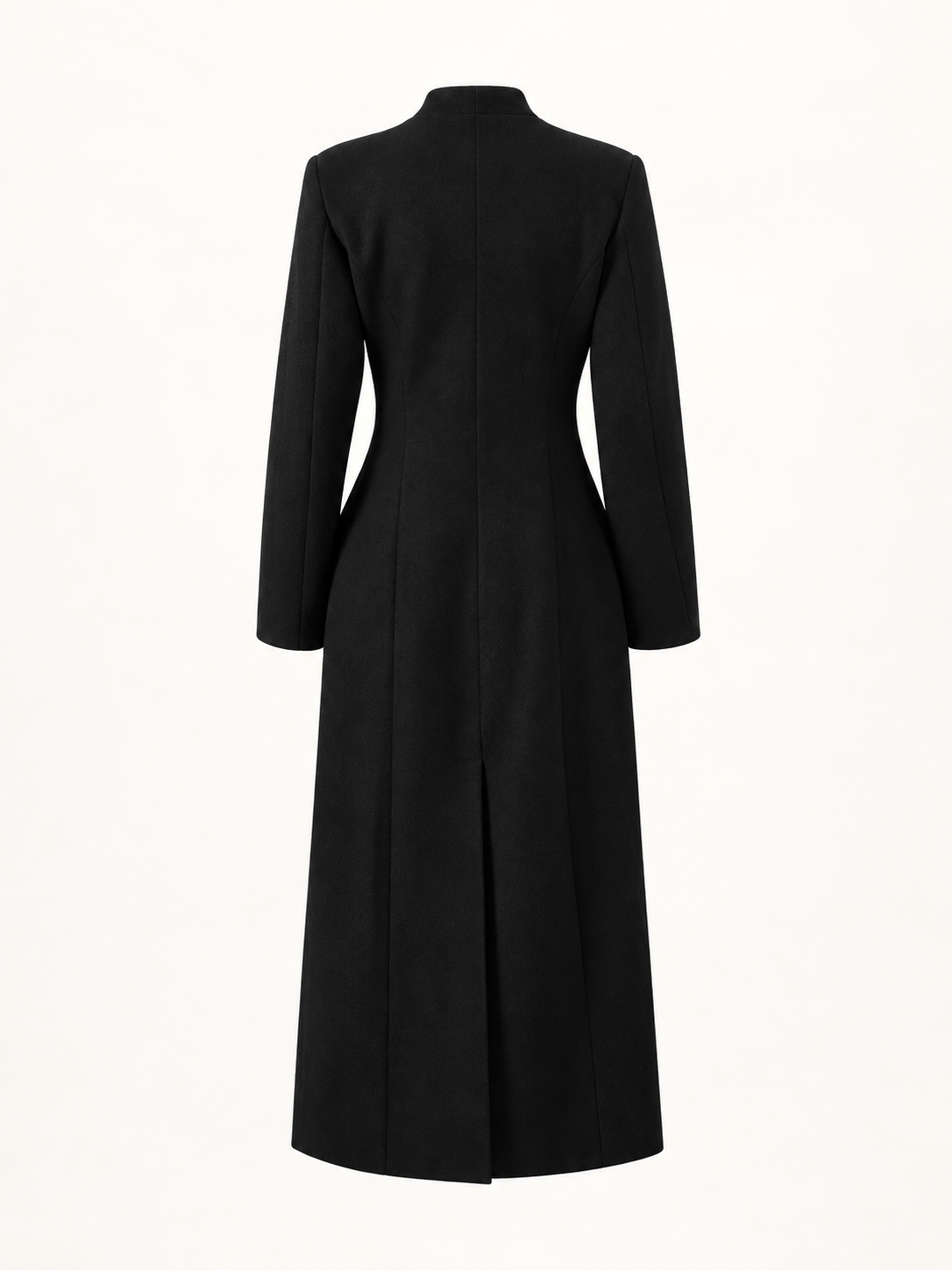 Black maxi coat, back view