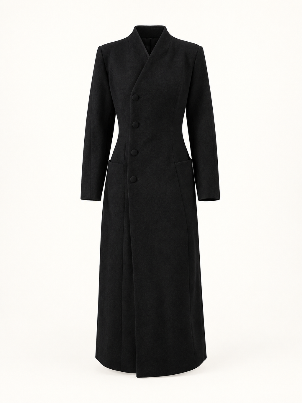 Black maxi coat, front view