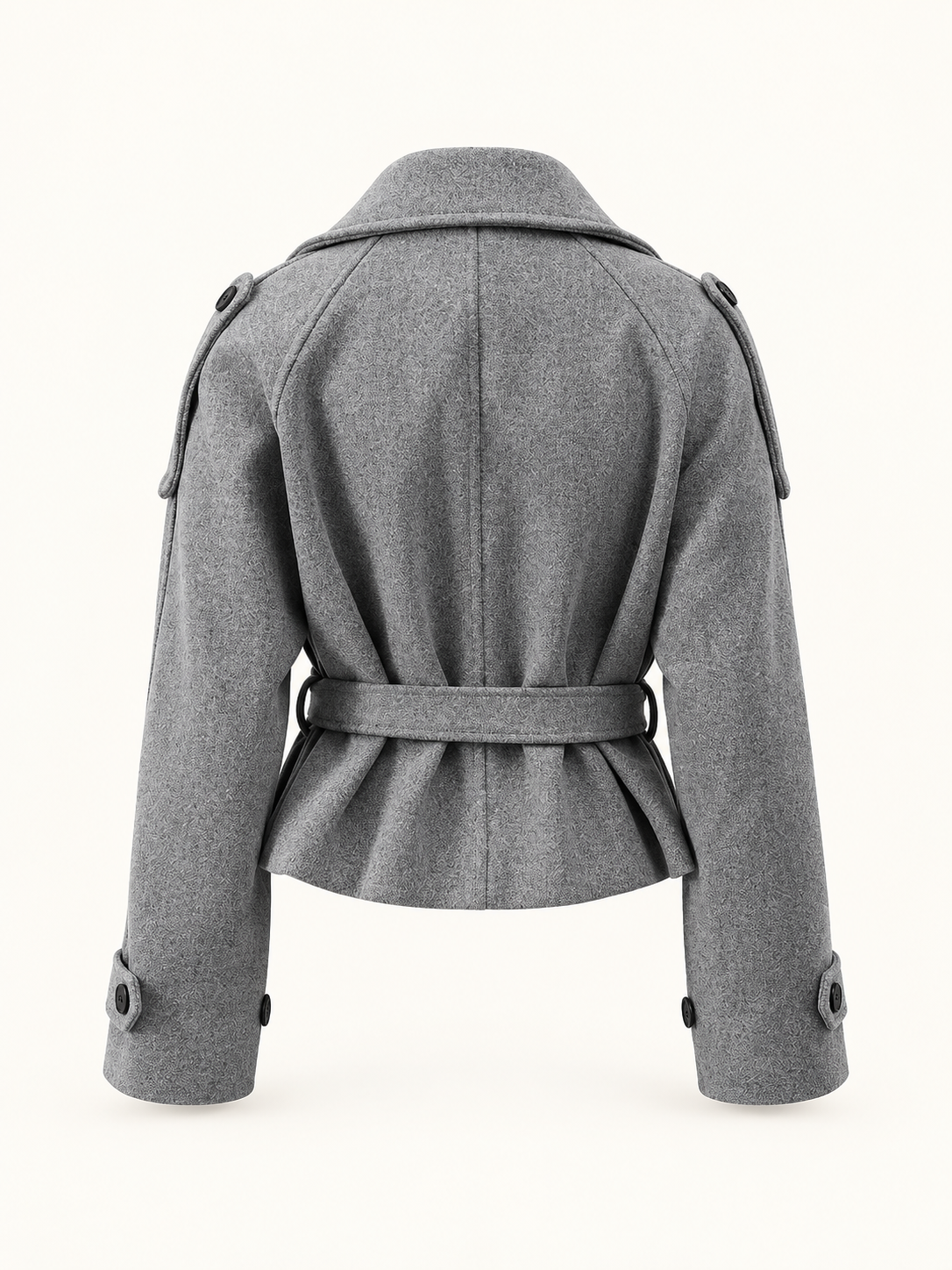 Grey short belted coat, back view