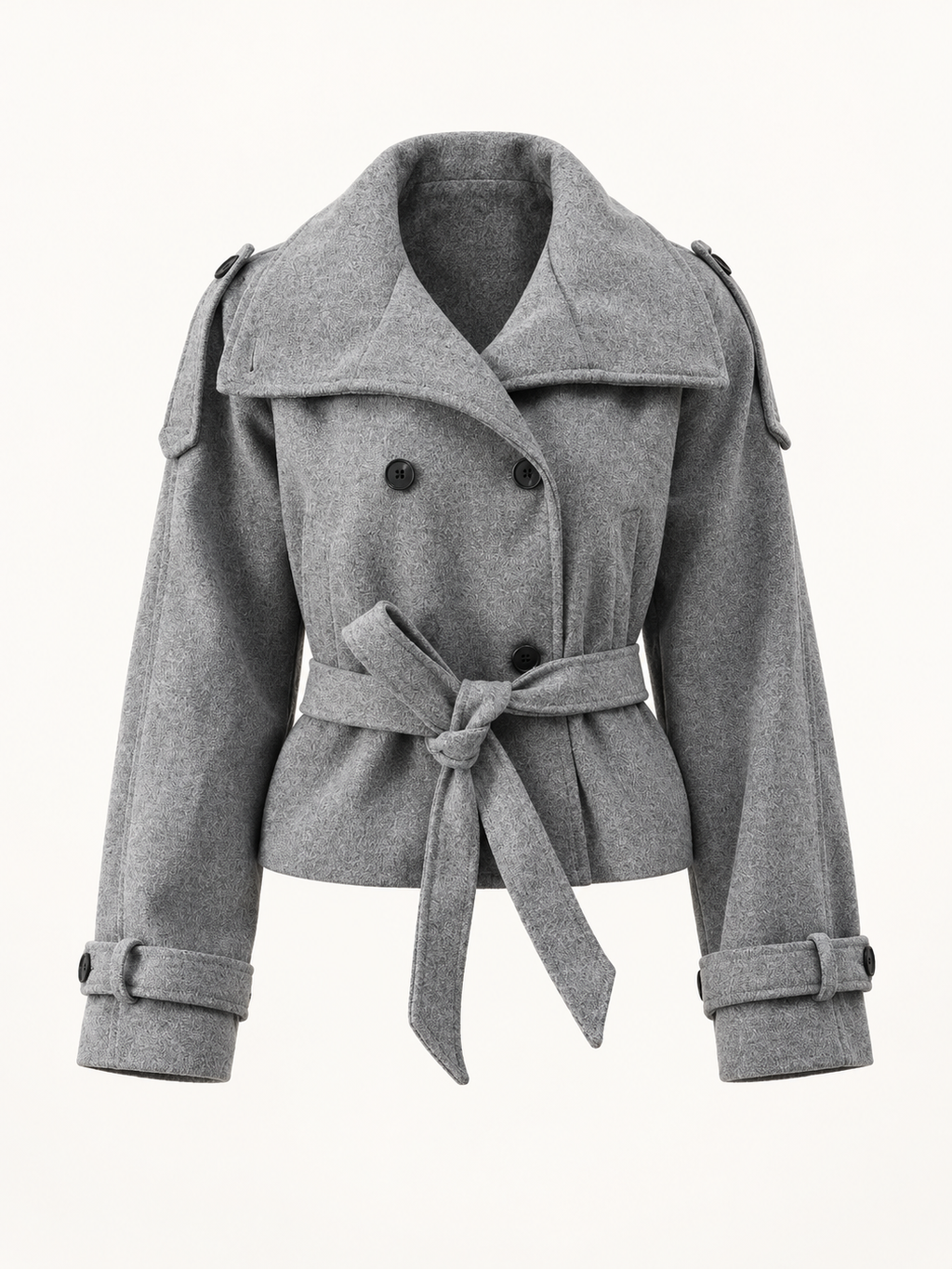 Grey short belted coat, front view