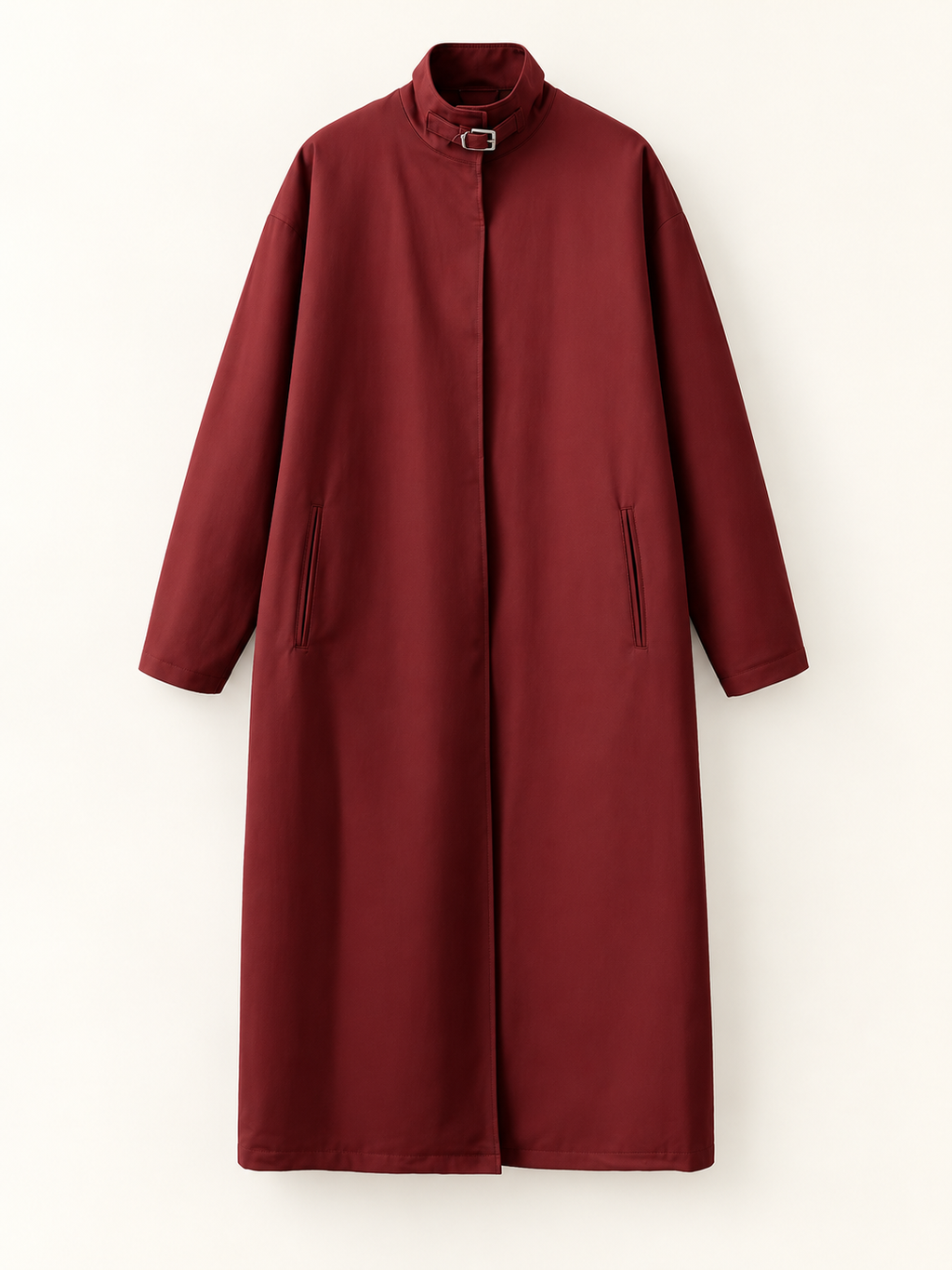 Burgundy long trench coat, front view