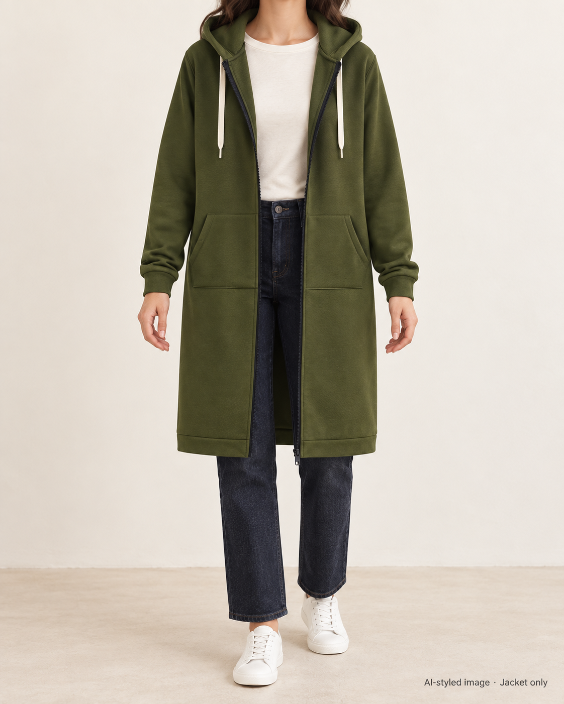 Army Green hooded longline zip coat, faceless front styling view. Jacket only; other clothing not included.