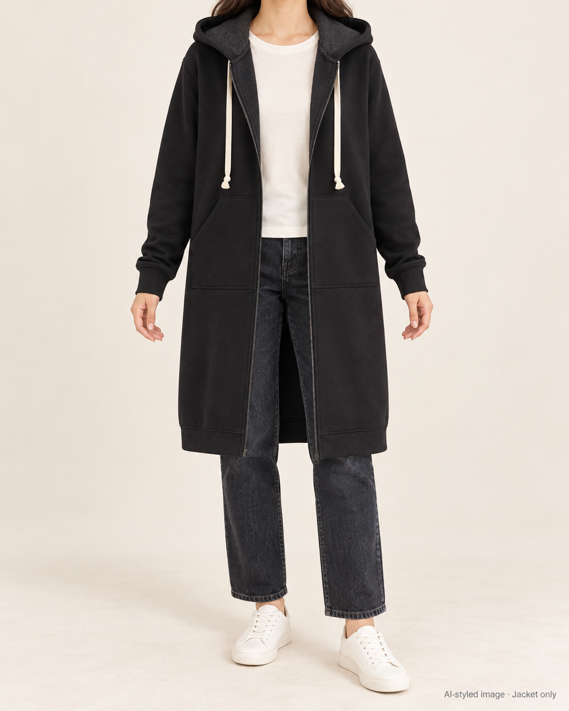 Black hooded longline zip coat, faceless front styling view. Jacket only; other clothing not included.