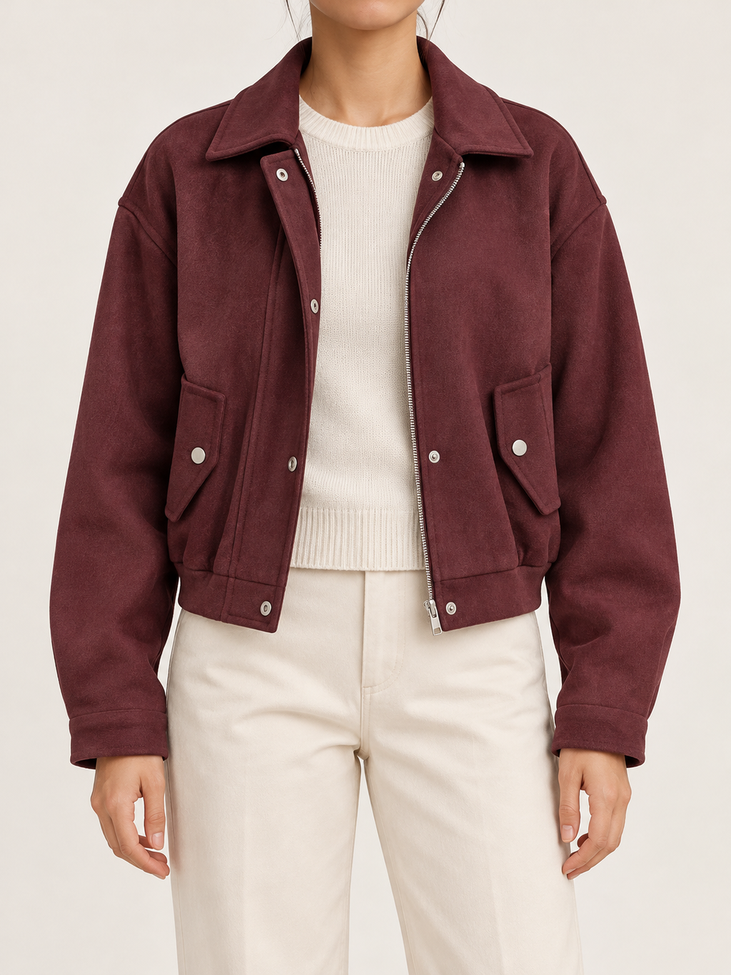 Wine cropped jacket, front view on model